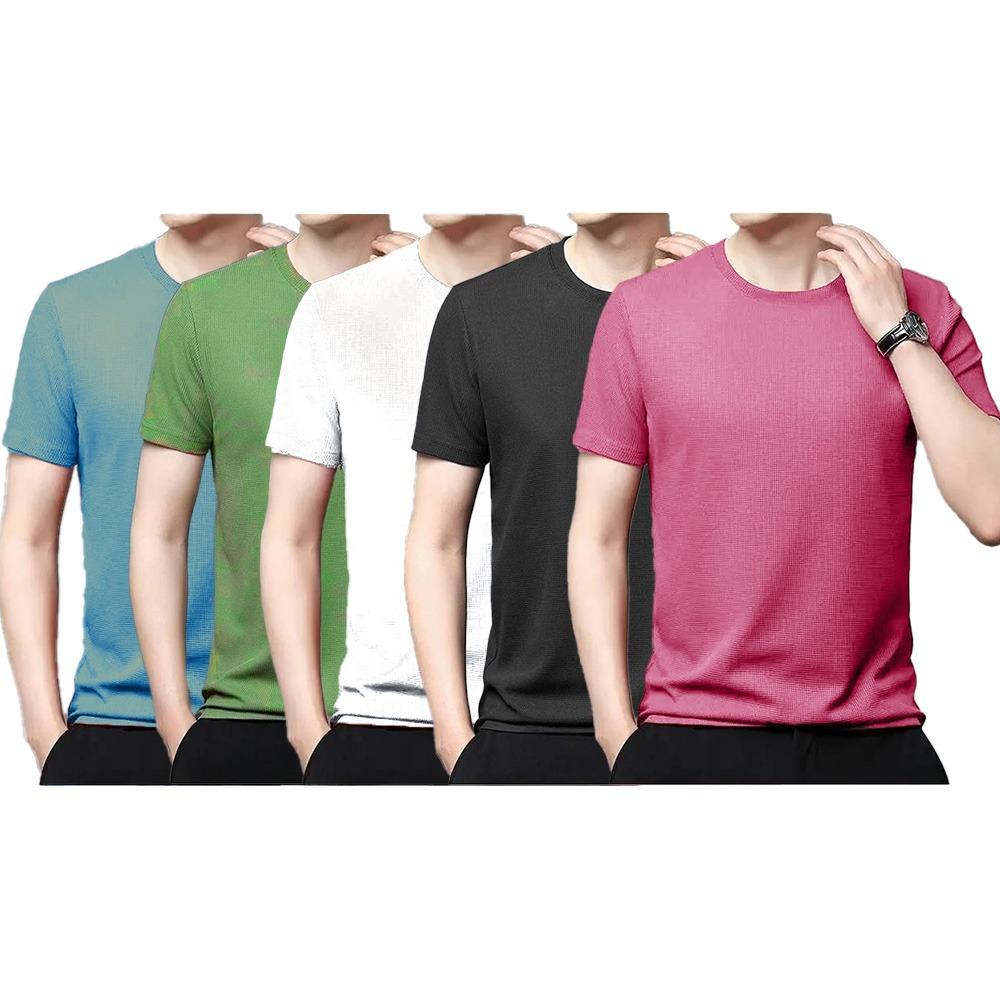 Polyester Stretchable Solid Half Sleeves Mens Round Neck T-Shirt Pack Of 5 - Pass Ka Bazaar