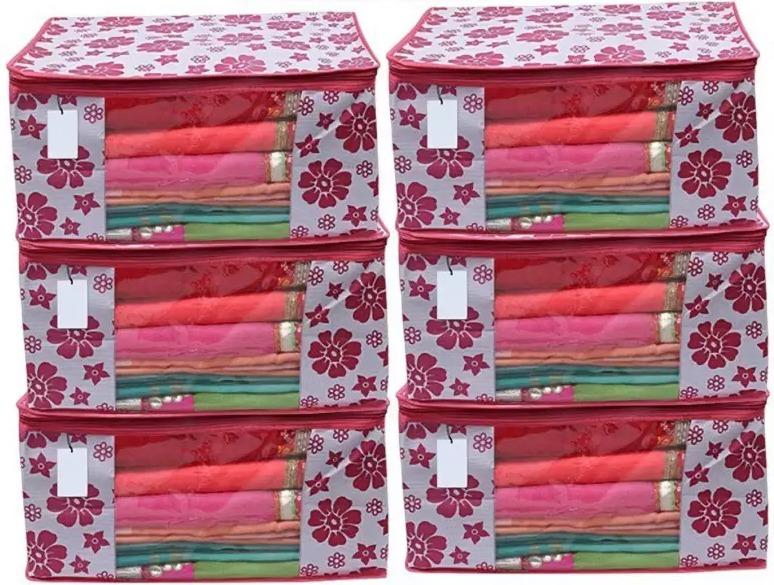 Polka Pink Flower Design Pack Of 6 Non Woven Fabric Saree Cover/ Clothes - Pass Ka Bazaar