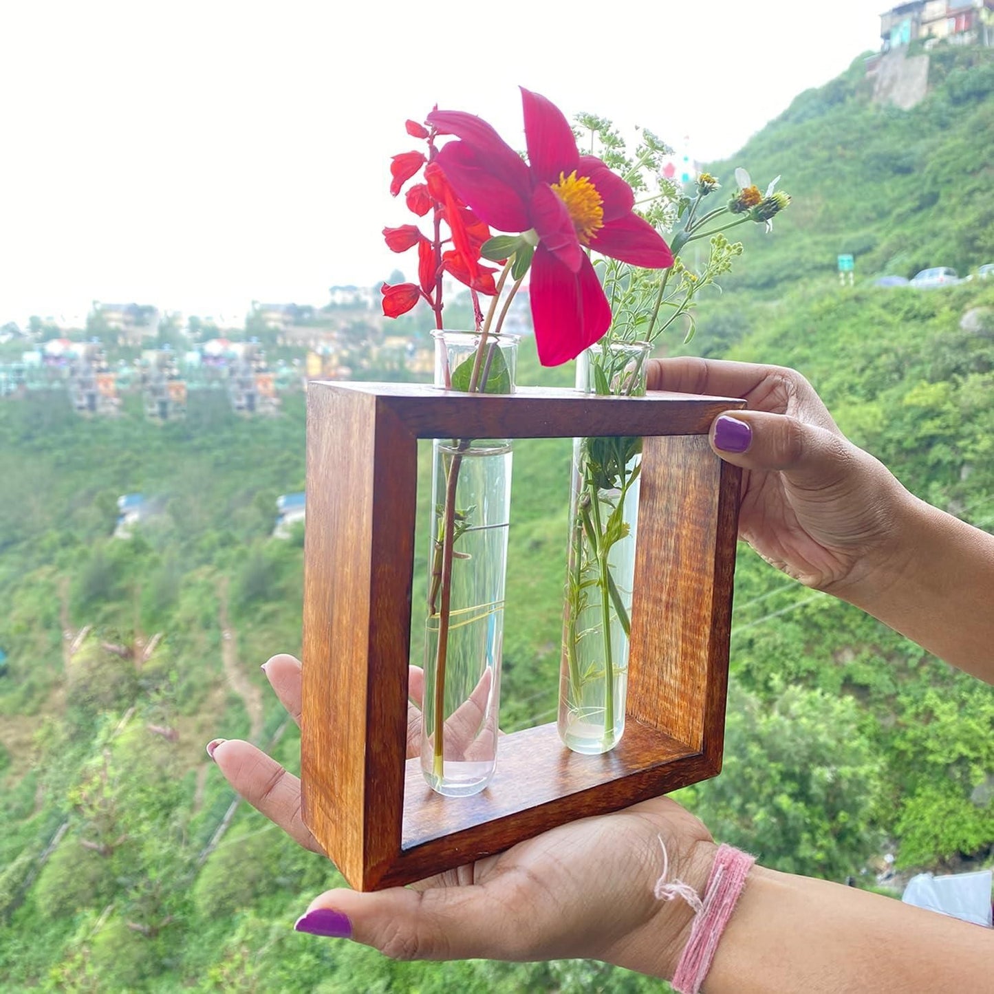 Glass Planter with Wooden Stand - Pass Ka Bazaar
