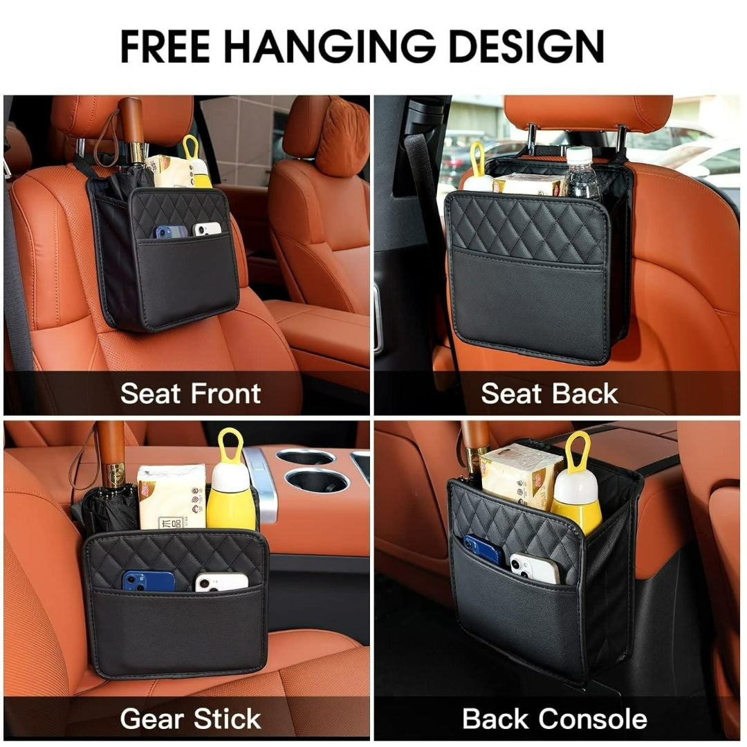 Car organizer with free hanging design shown in seat front, seat back, gear stick, and back console positions.