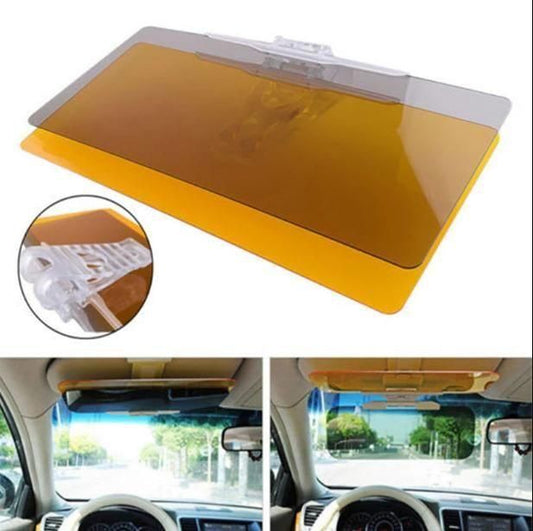 Car sun visor with a yellow tint and installation tool, shown from different angles inside a car.