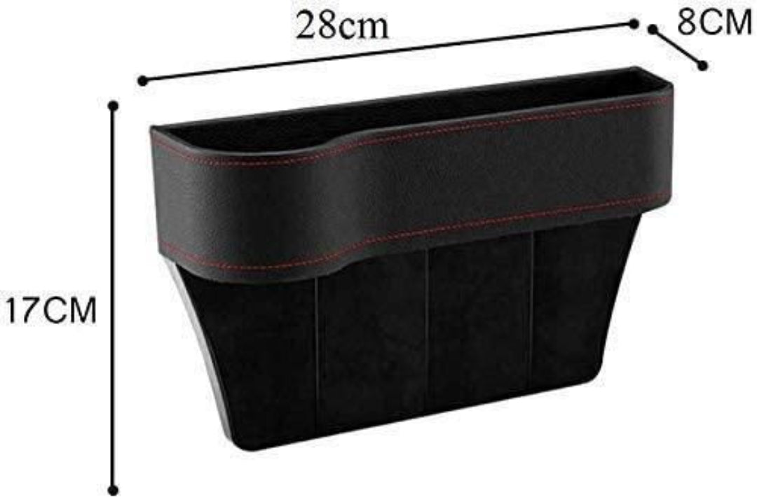Black car organizer with dimensions on a white background
