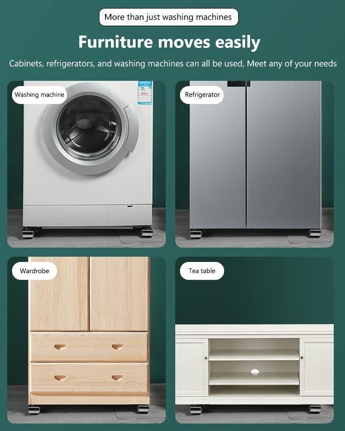 Collage of a washing machine, refrigerator, wardrobe, and tea table with text on a green background.