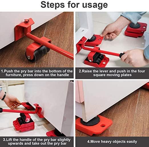 Instructions for using a red pry bar tool on furniture.