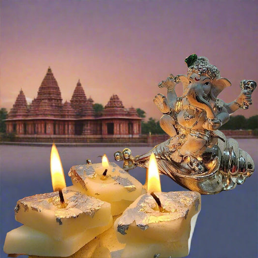 Pack of 12 decorative candles with a deity figure and flowers on a textured surface