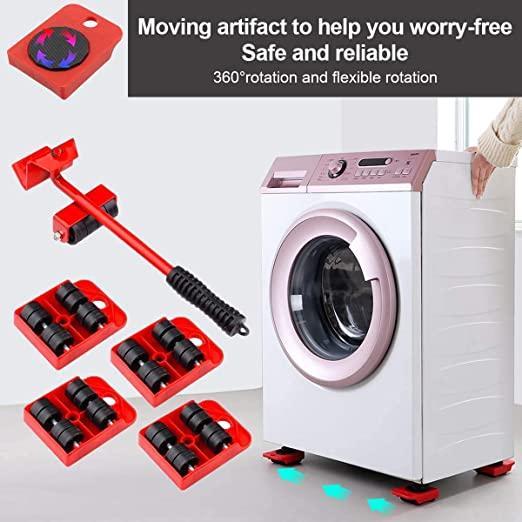 Red moving tool set with rollers and a black handle next to a white washing machine.