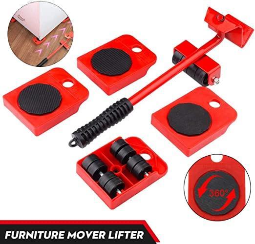Red furniture mover lifter with black rollers on a white background