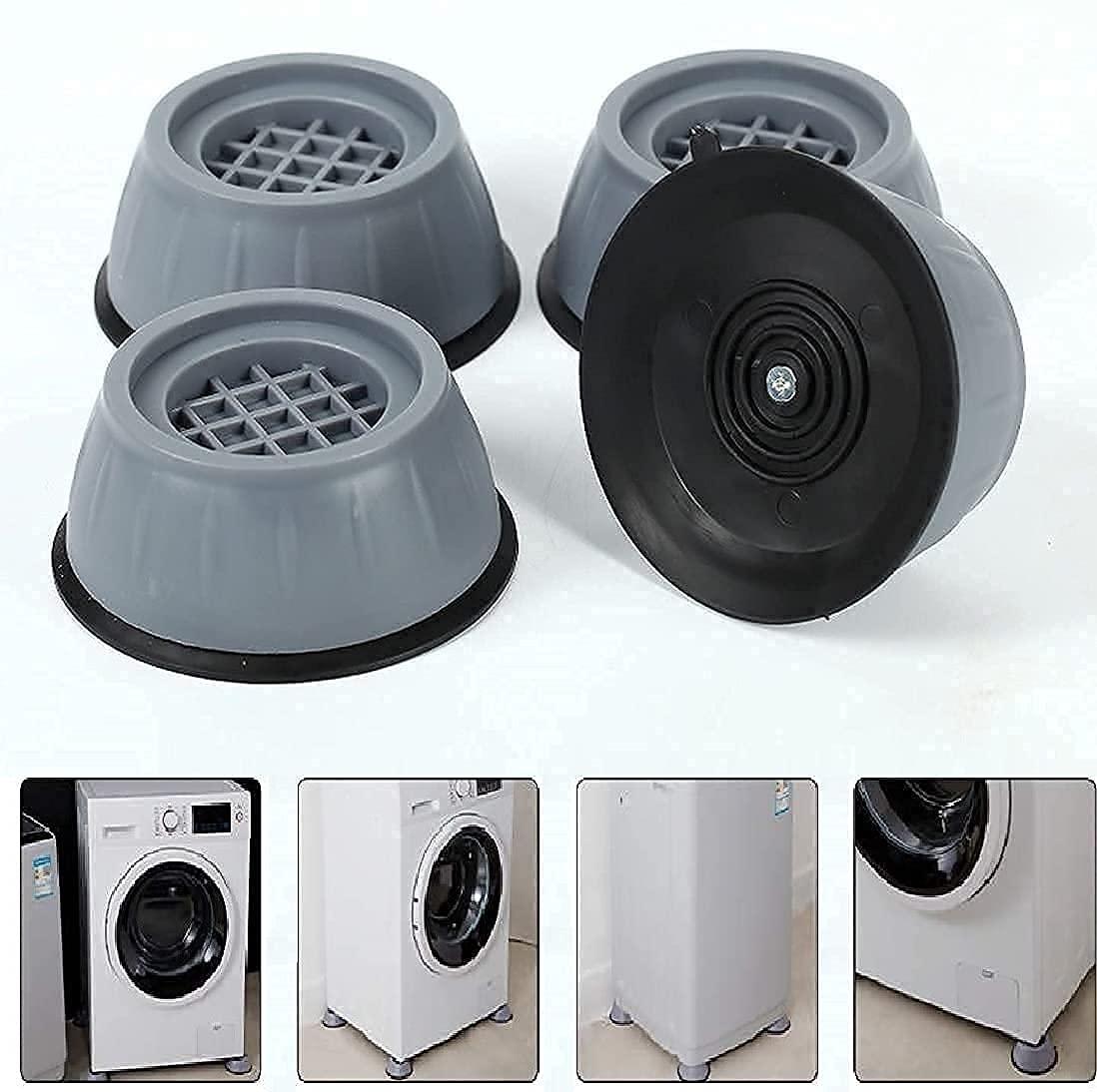 Set of gray rubber feet with black bases on a white background, with images of washing machines at the bottom.