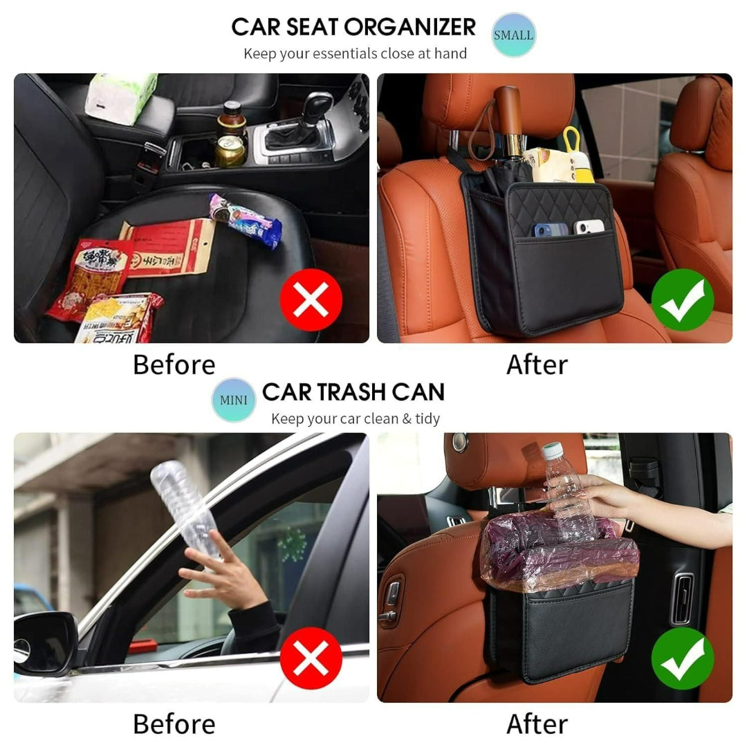 Car seat organizer and trash can with before and after usage scenarios.