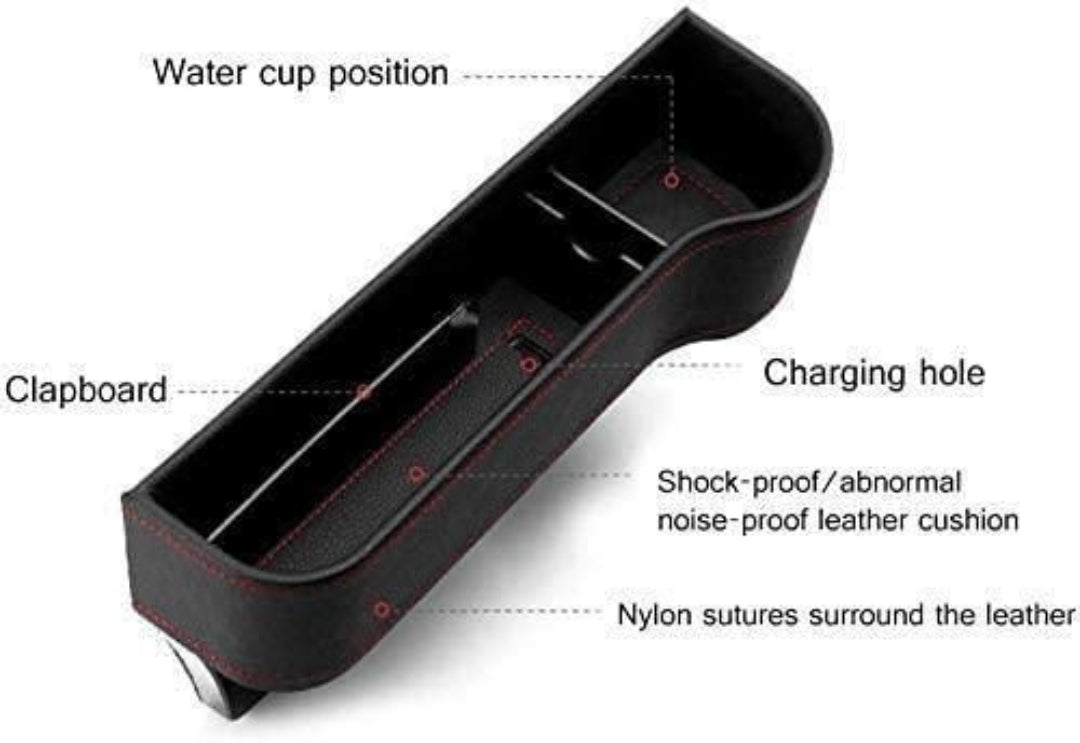 Car cup holder organizer with features labeled on a white background