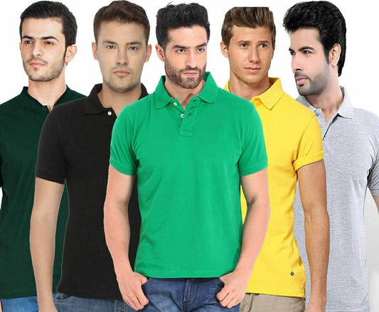 Poly Cotton Solid Half Sleeves Mens Polo T-shirt (Pack of 5) - Pass Ka Bazaar