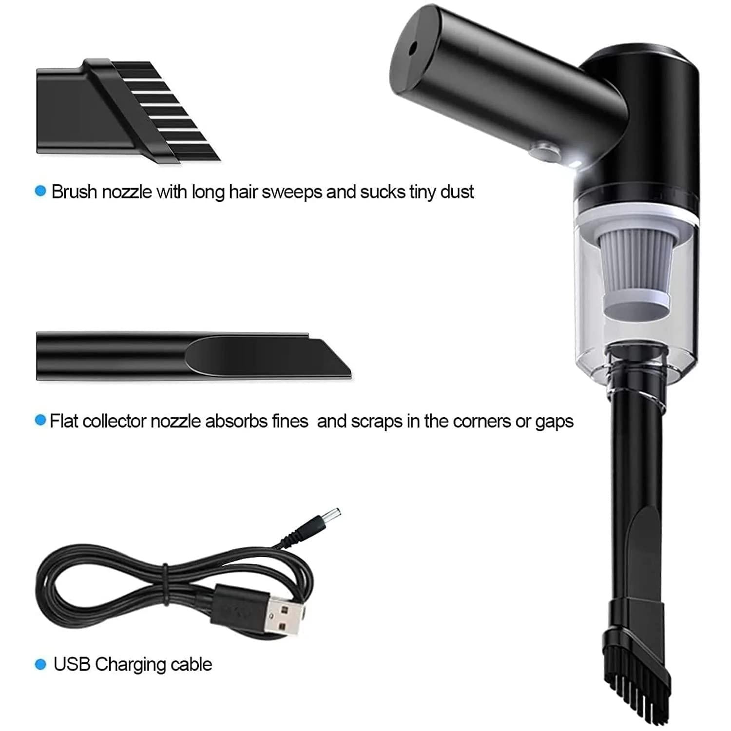 Black handheld vacuum cleaner with various nozzles and USB charging cable on a white background