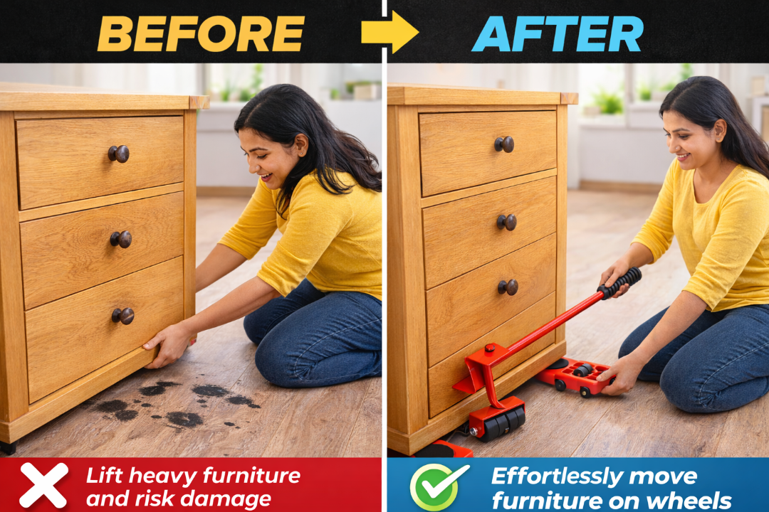 Before and after comparison of a woman lifting heavy furniture with a tool, showing ease of movement on wheels.