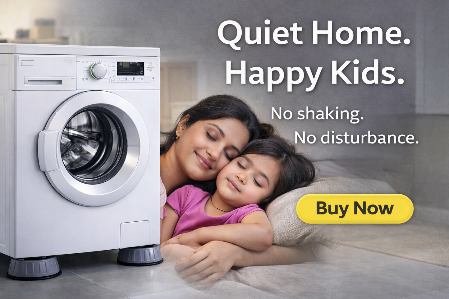 Woman and child lying on a bed next to a washing machine with text about quiet operation.