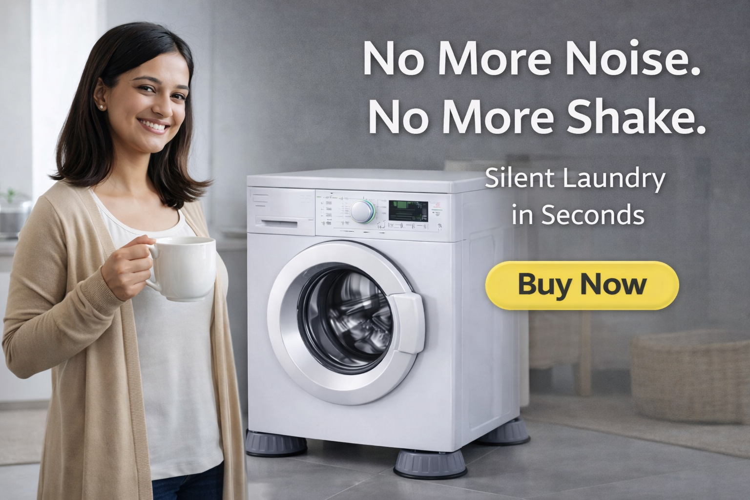 Woman standing next to a washing machine with promotional text about silent laundry.