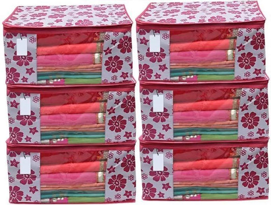 Polka Pink Flower Design Pack Of 6 Non Woven Fabric Saree Cover/ Clothes - Pass Ka Bazaar